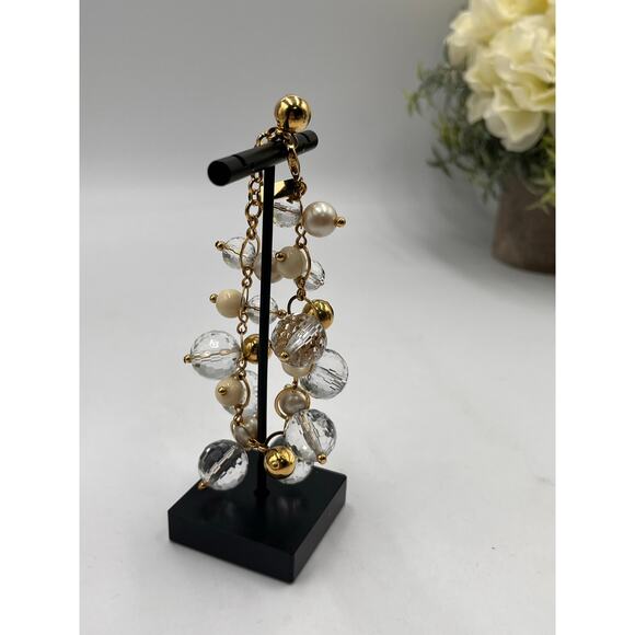 Kate Spade Signed Gold Tone Pearl and Faceted Clear Beaded Cha Cha Bracelet - Picture 2 of 9